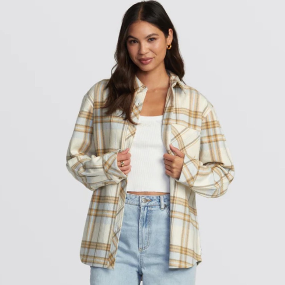 Flannel shirt jacket shacket new surf skate board button up collar cream blue